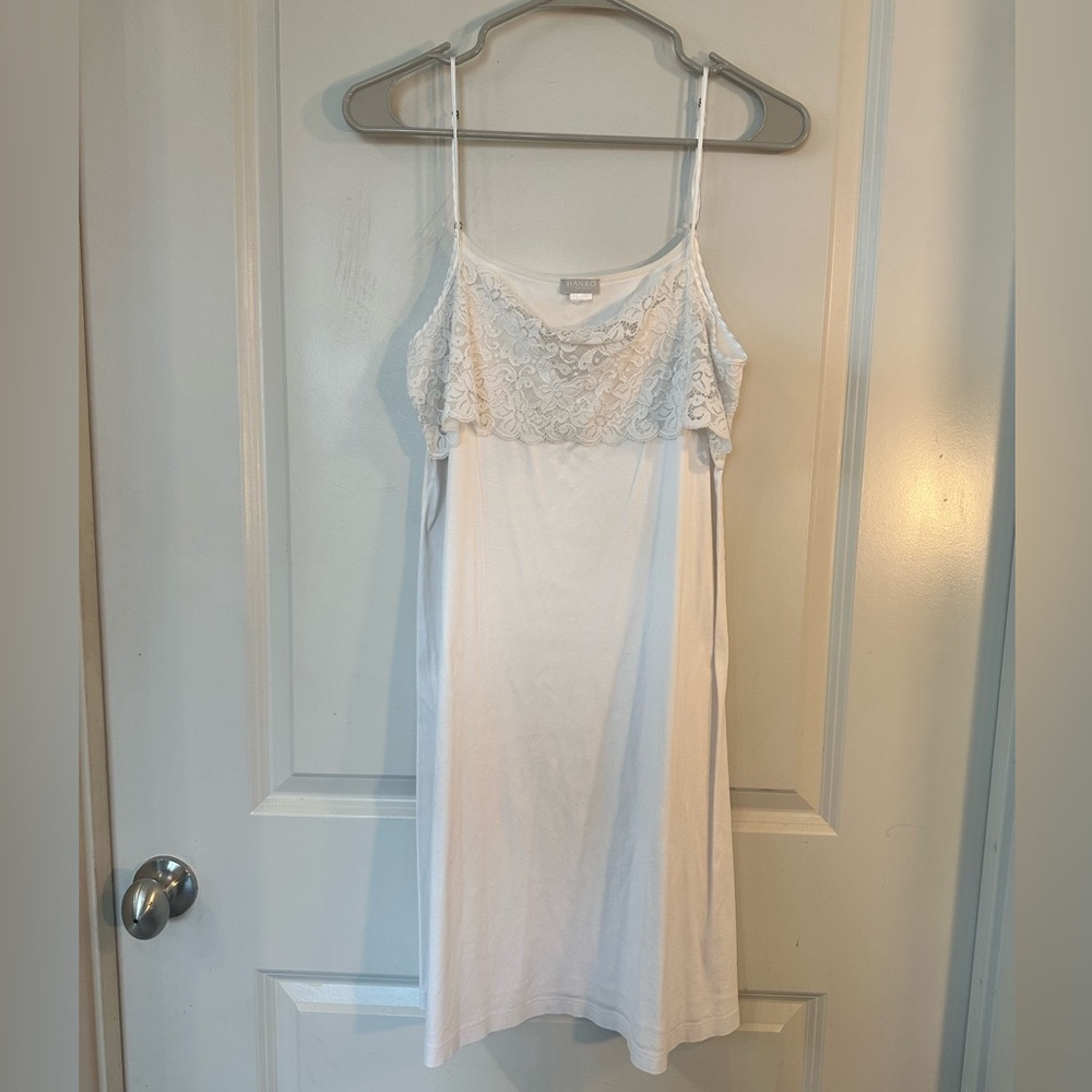 Hanro Ultralight Cotton Blend White Knit Lace Slip Dress/ Nightie, Small/Medium